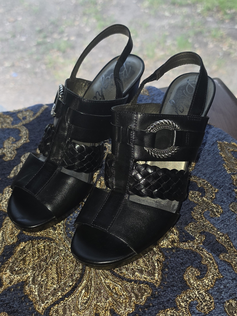 Brighton Black Braided Slingback Heels with Silver-Tone Buckle Accent